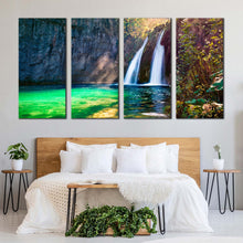 Load image into Gallery viewer, autumn scene canvas wall art beautiful white waterfall canvas print europe green national park waterfall 4 piece canvas For Bedroom
