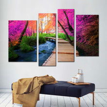 Load image into Gallery viewer, autumn scenery canvas wall art path trail nature 4 piece canvas set beautiful colorful wooden path forest canvas print in living room
