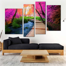 Load image into Gallery viewer, autumn scenery canvas wall art path trail nature 4 piece canvas set beautiful colorful wooden path forest canvas print
