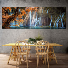 Load image into Gallery viewer, autumn  waterfall  canvas  wall  art  blue  plitvice  waterfalls  river  canvas  print  croatia  waterfall  orange  trees  forest  1  piece  canvas  artwork In Dinning Room
