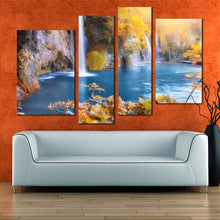 Load image into Gallery viewer, autumn waterfall canvas wall art blue plitvice waterfalls river canvas set yellow forest croatia waterfall 4 piece canvas print in living room
