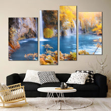 Load image into Gallery viewer, autumn waterfall canvas wall art blue plitvice waterfalls river canvas set yellow forest croatia waterfall 4 piece canvas print
