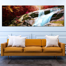 Load image into Gallery viewer, autumn  waterfall  canvas  wall  art  inside  forest  waterfall  panoramic  canvas  beautiful  red  trees  scenery  canvas  artwork  blue  stunning  waterfall  canvas  print In Living Room
