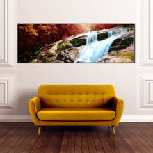 Load image into Gallery viewer, autumn  waterfall  canvas  wall  art  inside  forest  waterfall  panoramic  canvas  beautiful  red  trees  scenery  canvas  artwork  blue  stunning  waterfall  canvas  print For Your Living Room
