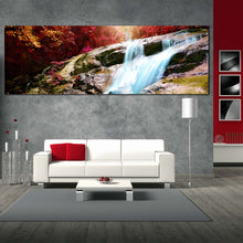 Load image into Gallery viewer, autumn  waterfall  canvas  wall  art  inside  forest  waterfall  panoramic  canvas  beautiful  red  trees  scenery  canvas  artwork  blue  stunning  waterfall  canvas  print For Living Room
