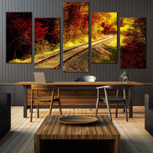 Load image into Gallery viewer, autumn color along a railroad track in forest 5 panel canvas print For Dining Room
