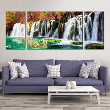 Load image into Gallery viewer, azure  lake  canvas  print  colorful  autumn  forest  water  scene  3  piece  canvas  wall  art  beautiful  jiuzhaigou  nature  waterfall  multi  canvas  artwork In Living Room
