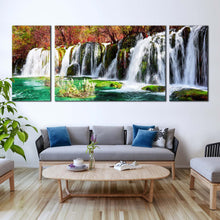 Load image into Gallery viewer, azure  lake  canvas  print  colorful  autumn  forest  water  scene  3  piece  canvas  wall  art  beautiful  jiuzhaigou  nature  waterfall  multi  canvas  artwork For Living Room
