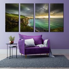 Load image into Gallery viewer, ballintoy ocean canvas wall art yellow sunset coastline ocean 4 piece multiple canvas green ireland sea canvas print In Living Room
