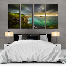 Load image into Gallery viewer, ballintoy ocean canvas wall art yellow sunset coastline ocean 4 piece multiple canvas green ireland sea canvas print For Your Bedroom
