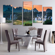 Load image into Gallery viewer, banyue scenery canvas print vietnam orange sunset landscape waterfall 5 piece wall art detian waterfalls guangxi green scenery multi canvas In Dining Room
