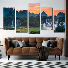 Load image into Gallery viewer, banyue scenery canvas print vietnam orange sunset landscape waterfall 5 piece wall art detian waterfalls guangxi green scenery multi canvas For Living Room
