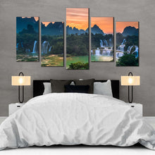 Load image into Gallery viewer, banyue scenery canvas print vietnam orange sunset landscape waterfall 5 piece wall art detian waterfalls guangxi green scenery multi canvas For Bedroom
