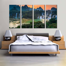 Load image into Gallery viewer, banyue waterfall canvas wall art green scenery waterfall 4 piece canvas print vietnam landscape waterfall orange sunset canvas set For Your Bedroom
