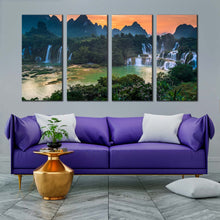 Load image into Gallery viewer, banyue waterfall canvas wall art green scenery waterfall 4 piece canvas print vietnam landscape waterfall orange sunset canvas set In Living Room
