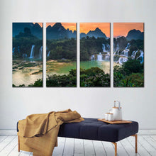 Load image into Gallery viewer, banyue waterfall canvas wall art green scenery waterfall 4 piece canvas print vietnam landscape waterfall orange sunset canvas set For Living Room
