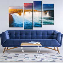 Load image into Gallery viewer, bardardalur valley canvas print blue godafoss waterfall multi canvas yellow iceland europe landscape waterfall 4 piece canvas wall art in living room
