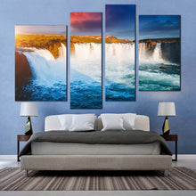 Load image into Gallery viewer, bardardalur valley canvas print blue godafoss waterfall multi canvas yellow iceland europe landscape waterfall 4 piece canvas wall art for bedroom
