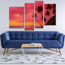 Load image into Gallery viewer, beach landscape canvas wall art red ocean 4 piece canvas print tropical orange sky ocean multi canvas artwork in living room
