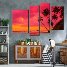 Load image into Gallery viewer, beach landscape canvas wall art red ocean 4 piece canvas print tropical orange sky ocean multi canvas artwork
