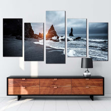 Load image into Gallery viewer, beach scenic canvas wall art black ocean coast 5 piece canvas print grey atlantic ocean multi canvas artwork
