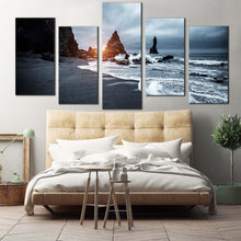 Load image into Gallery viewer, beach scenic canvas wall art black ocean coast 5 piece canvas print grey atlantic ocean multi canvas artwork For Your Bedroom
