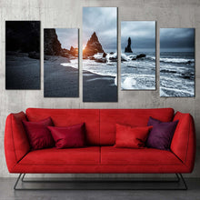 Load image into Gallery viewer, beach scenic canvas wall art black ocean coast 5 piece canvas print grey atlantic ocean multi canvas artwork For Living room
