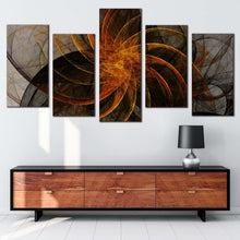 Load image into Gallery viewer, beautiful abstract canvas wall art grey abstract fractal 5 piece canvas print orange black abstract patterns multi canvas artwork
