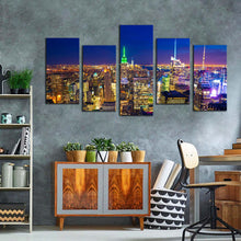 Load image into Gallery viewer, beautiful cityscape canvas wall art yellow manhattan skyline 5 piece canvas set blue sky new york city canvas print
