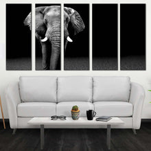 Load image into Gallery viewer, beautiful elephant canvas wall art black and white elephant front multiple canvas isolated elephant canvas set grey elephant front 5 piece canvas print In Living Room
