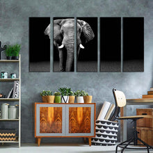 Load image into Gallery viewer, beautiful elephant canvas wall art black and white elephant front multiple canvas isolated elephant canvas set grey elephant front 5 piece canvas print
