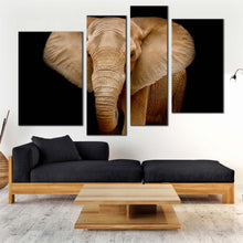 Load image into Gallery viewer, beautiful elephant canvas wall art black background elephant front 4 piece multiple canvas brown isolated elephant canvas print in living room
