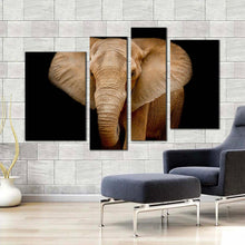 Load image into Gallery viewer, beautiful elephant canvas wall art black background elephant front 4 piece multiple canvas brown isolated elephant canvas print
