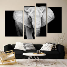 Load image into Gallery viewer, beautiful elephant canvas wall art isolated elephant black and white 4 piece canvas set grey elephant close up canvas print in living room
