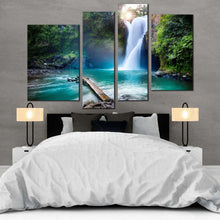 Load image into Gallery viewer, beautiful forest canvas wall art white waterfall in deep forest 4 piece canvas set waterfall in green jungle canvas print for your bedroom
