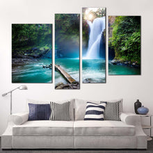 Load image into Gallery viewer, beautiful forest canvas wall art white waterfall in deep forest 4 piece canvas set waterfall in green jungle canvas print in living room
