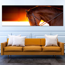 Load image into Gallery viewer, beautiful  horse  canvas  print  horse  at  yellow  orange  sunset  wide  canvas  brown  horse  1  piece  canvas  wall  art In Living Room
