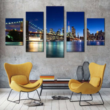 Load image into Gallery viewer, beautiful manhattan canvas wall art black new york cityscape multi canvas artwork brooklyn bridge at blue sky 5 piece canvas print In Living  Room
