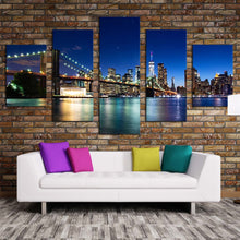 Load image into Gallery viewer, beautiful manhattan canvas wall art black new york cityscape multi canvas artwork brooklyn bridge at blue sky 5 piece canvas print For Living room
