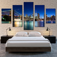 Load image into Gallery viewer, beautiful manhattan canvas wall art black new york cityscape multi canvas artwork brooklyn bridge at blue sky 5 piece canvas print For Bedroom
