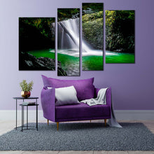 Load image into Gallery viewer, beautiful nature canvas wall art green cave waterfall scenery 4 piece canvas natural bridge waterfall canvas print white majestic waterfall canvas set in living room
