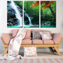 Load image into Gallery viewer, beautiful nature canvas wall art white rainforest waterfall 3 piece canvas print amazing green tropical forest multiple canvas In Living Room
