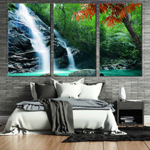 Load image into Gallery viewer, beautiful nature canvas wall art white rainforest waterfall 3 piece canvas print amazing green tropical forest multiple canvas In Bedroom
