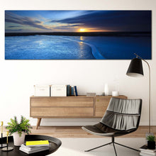 Load image into Gallery viewer, beautiful  ocean  canvas  print  blue  sea  1  piece  canvas  wall  art  yellow  sunrise  cloudy  sky  seascape  wide  canvas In Living Room
