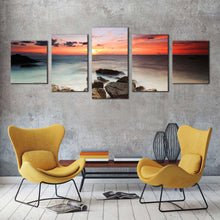 Load image into Gallery viewer, beautiful ocean canvas print brown ocean rocks 5 piece canvas wall art red yellow cloudy sky seascape multi canvas For Living room
