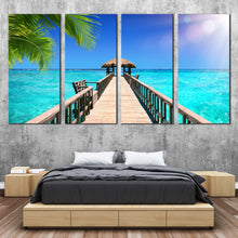 Load image into Gallery viewer, beautiful ocean canvas wall art beautiful blue sea multiple canvas brown wooden bridge tropical paradise 4 piece canvas print For Bedroom
