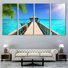 Load image into Gallery viewer, beautiful ocean canvas wall art beautiful blue sea multiple canvas brown wooden bridge tropical paradise 4 piece canvas print For Living Room
