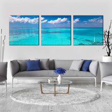 Load image into Gallery viewer, beautiful  ocean  canvas  wall  art  blue  ocean  sky  3  piece  canvas  set  white  clouds  ocean  triptych  canvas  print In Living Room
