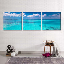 Load image into Gallery viewer, beautiful  ocean  canvas  wall  art  blue  ocean  sky  3  piece  canvas  set  white  clouds  ocean  triptych  canvas  print
