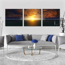 Load image into Gallery viewer, beautiful  ocean  canvas  wall  art  blue  sky  ocean  triptych  canvas  print  dramatic  clouds  yellow  sunset  seascape  3  piece  canvas In Living Room
